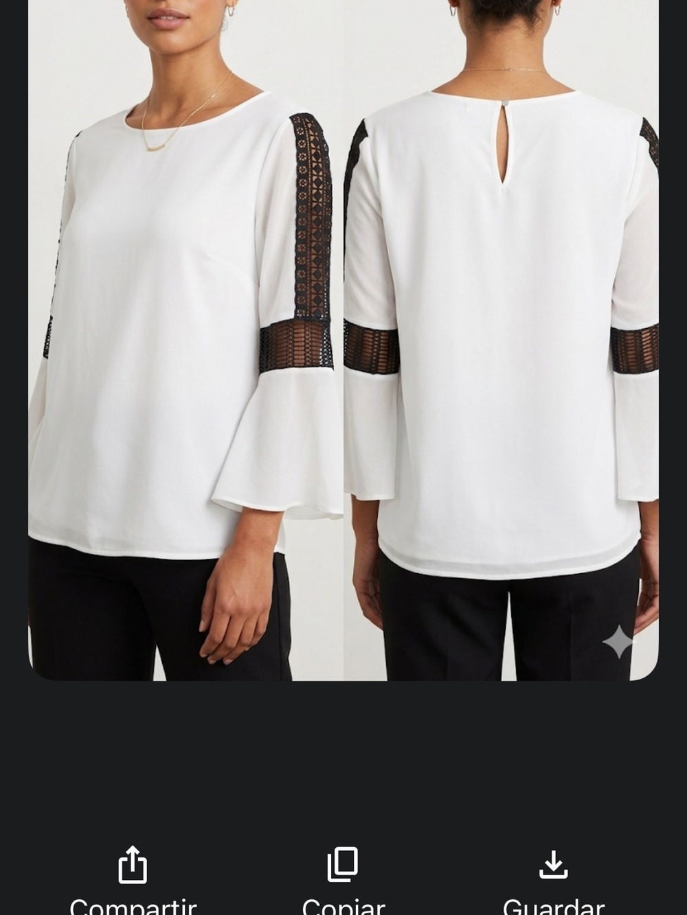 Calvin Klein White Blouse with Black Lace Bell Sleeves